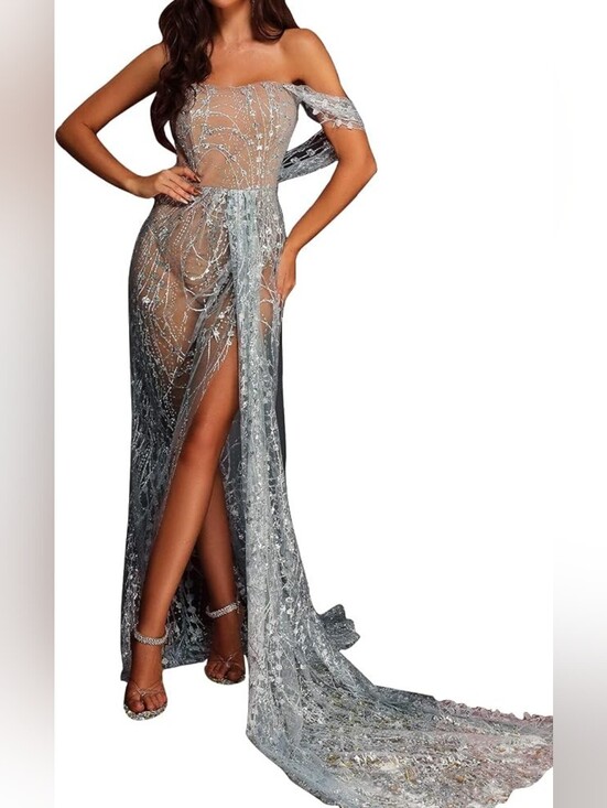 Dresses & Skirts - Split Silver Sequin Maxi Dress with Nude Bodysuit, Medium